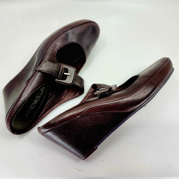 Aerosoles Women's Brown Wedge Slide Leather Shoes Size 8 - Picture 1 of 4
